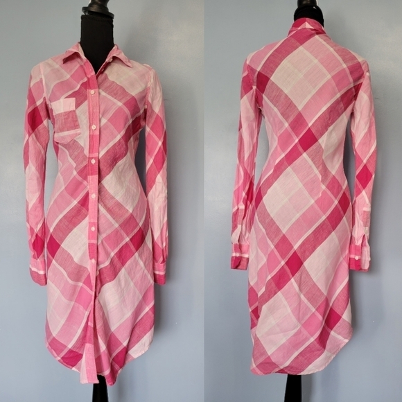 Moda International 100% Linen Plaid Shirt Pink Dress Size 2 - Picture 1 of 7